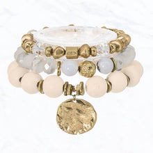 Load image into Gallery viewer, 3 Layered Wood Ball, Glass, Coin Stretch Bracelet: White
