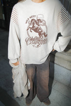 Load image into Gallery viewer, Oversized Mixed Media Western Graphic Knit Top: TAUPE

