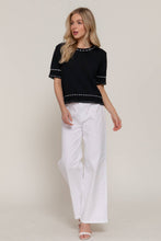 Load image into Gallery viewer, Short Sleeve Round Neck Sweater with Contrast Color Stitch: WHT-white/black / M
