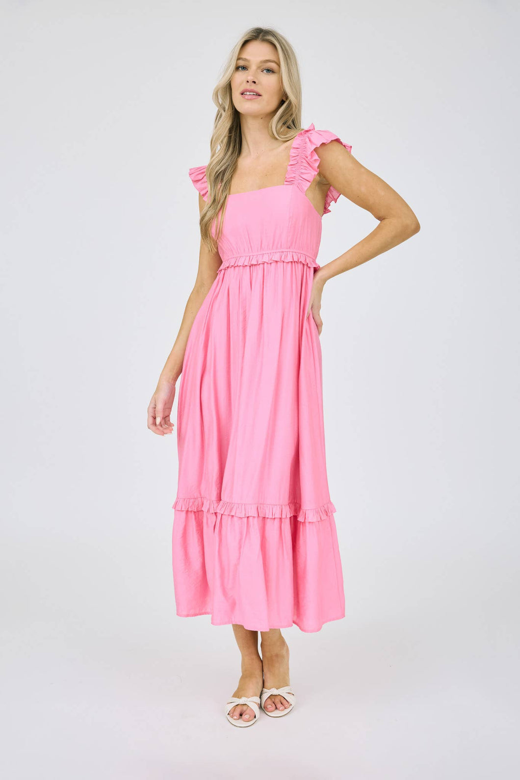 RUFFLE DETAIL EMPIRE WAIST SLEEVELESS MIDI DRESS: PINK