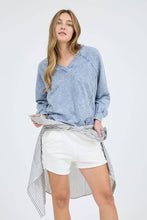 Load image into Gallery viewer, WASHED V NECK EXPOSED SEAM LONG SLEEVE KNIT TOP: INDIGO BLUE
