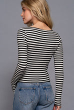 Load image into Gallery viewer, Long Sleeve Boat Neck Stripe Brushed Rib Top: BLK-black/cream / S
