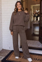 Load image into Gallery viewer, LAS-LIVE Cozy Striped Crew Neck Pocketed Pants Set (S-XL): Brown Stripe / S
