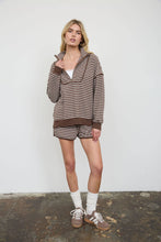 Load image into Gallery viewer, HALF ZIP STRIPE CONTRAST TRIM LONG SLEEVE KNIT TOP : CHOCOLATE BROWN

