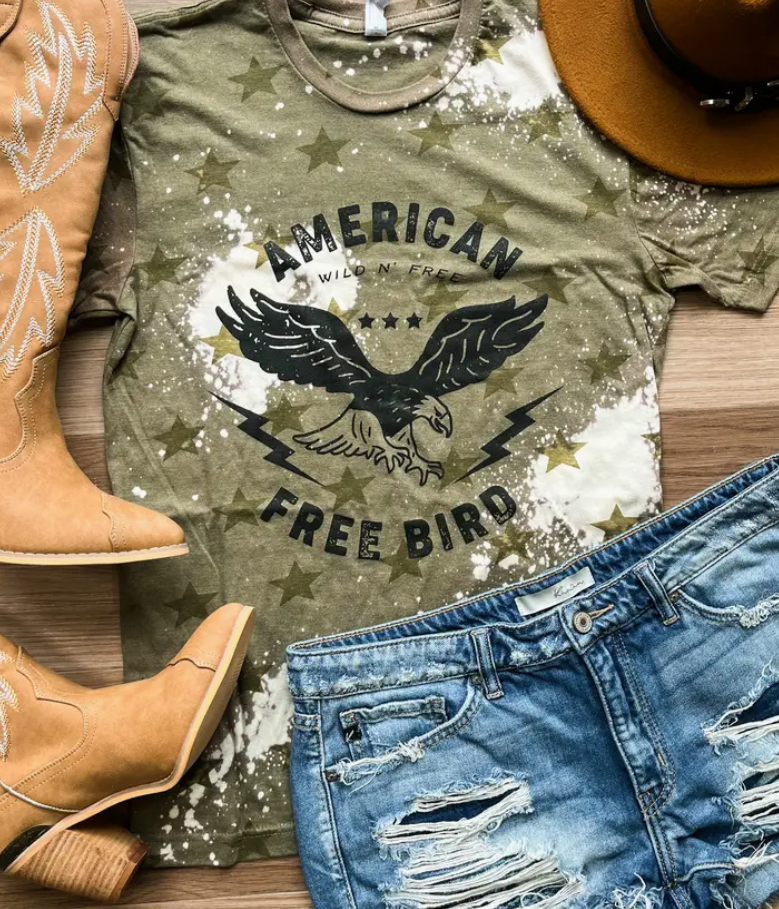American Free Bird Green Star Bleached Graphic Tee